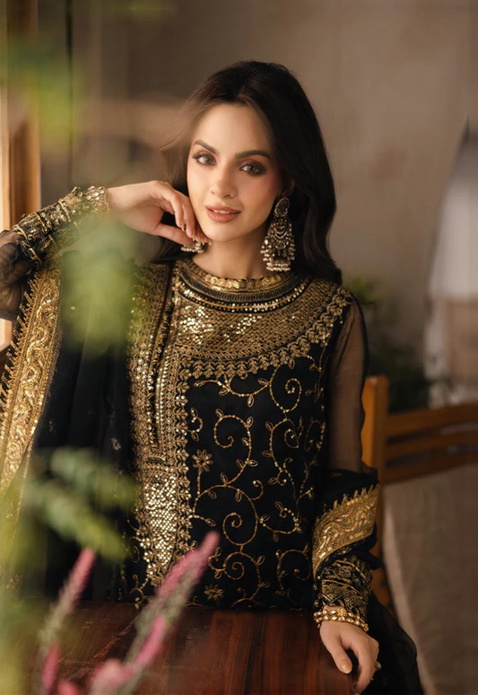 Designer wear Black and Gold Embroidered Chiffon Dress 3 Pcs ME097