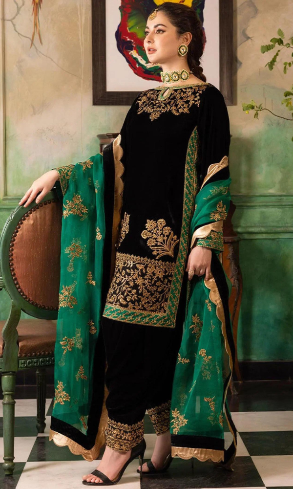 Designer wear Heavy Embroidered Velvet Suit 3 Pcs