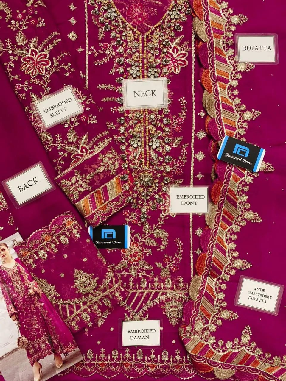 Ombré Pink Embroidered Dress 3 Pcs