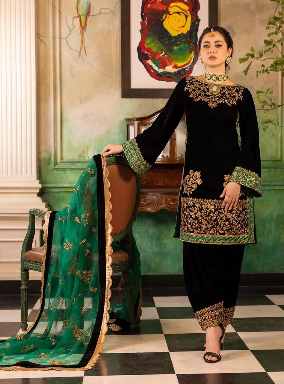 Designer wear Heavy Embroidered Velvet Suit 3 Pcs
